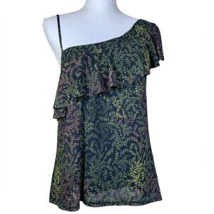 Suzy Shier One Shoulder Top Flutter Sleeve Chic Blouse Black Green Women Medium